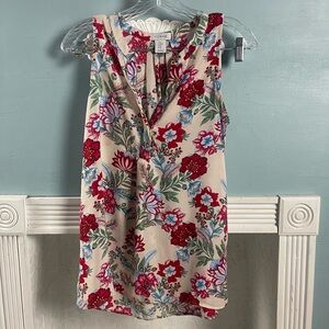 Kenar Cream Floral Sleeveless V-Neck Blouse with Red & Blue Blooms